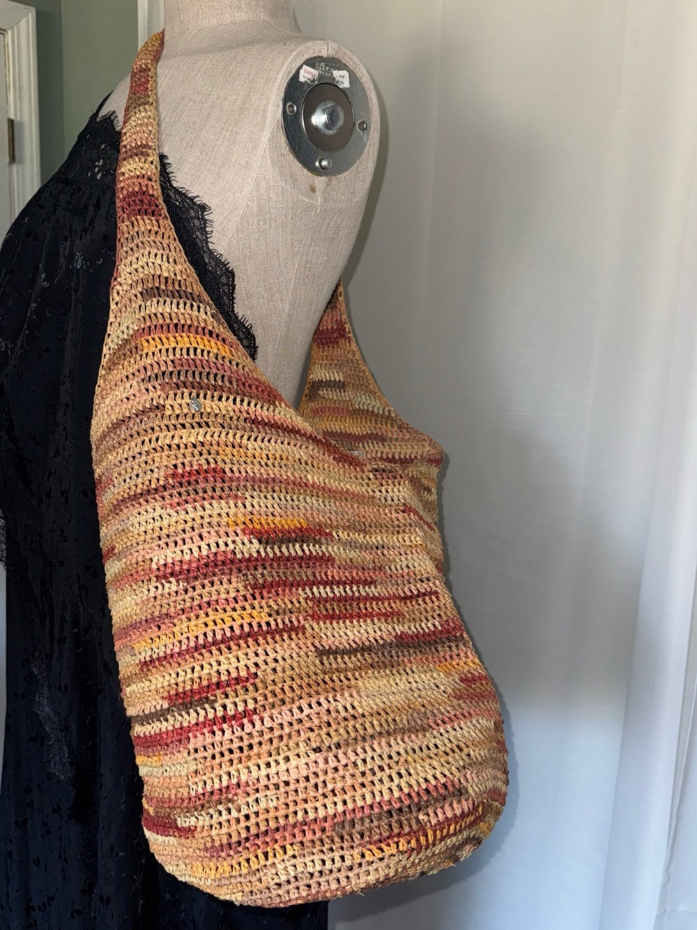 Helen Kaminski Australia Raffia Crochet Hobo Tote Colorful Natural Straw Beach